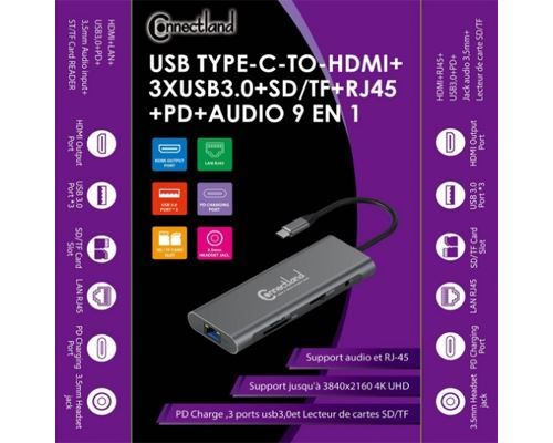 USB Type-C-To-HDMI+3xUSB 3.0+SD/TF+RJ45+PD+AUDIO 9 en 1