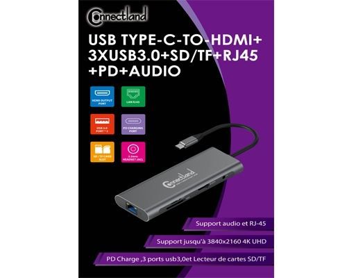 USB Type-C-To-HDMI+3xUSB 3.0+SD/TF+RJ45+PD+AUDIO 9 en 1