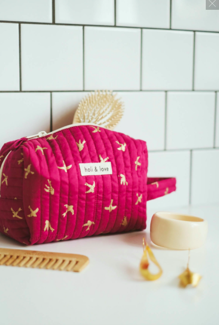 Trousse de toilette en coton bio Magenta gold bird par Holi and Love