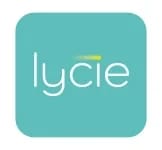 Logo sur fond turquoise avec le mot 'lycie' écrit en blanc, un accent vert stylisé au-dessus du 'i'.