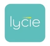 Logo sur fond turquoise avec le mot 'lycie' écrit en blanc, un accent vert stylisé au-dessus du 'i'.
