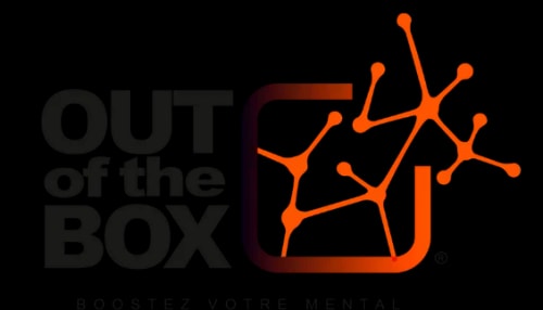 Logo avec le texte 'OUT of the BOX' et un motif orange de réseau de neurones dans un carré. En dessous, le slogan 'BOOSTEZ VOTRE MENTAL !' apparaît.