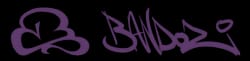 Graffiti violet avec les mots 'BANDOZI' et un dessin stylisé à gauche.