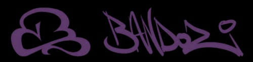 Graffiti violet avec les mots 'BANDOZI' et un dessin stylisé à gauche.