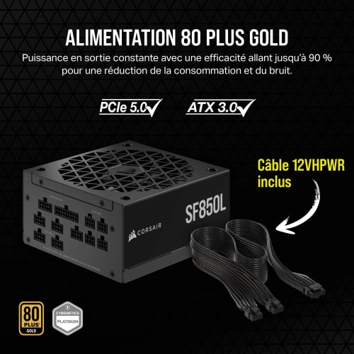 Corsair SF850L Alimentation SFX Modulaire et Silencieuse - ATX 3.1 et PCIe 5.1 - 80 PLUS Gold - Mode Zéro RPM - Noir