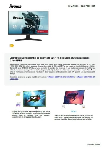 iiyama Ecran G2471HS-B1, G-Sync Compatible, 1920x1080@240Hz, 350cd/m², 2X HDMI, DisplayPort, 0.4ms