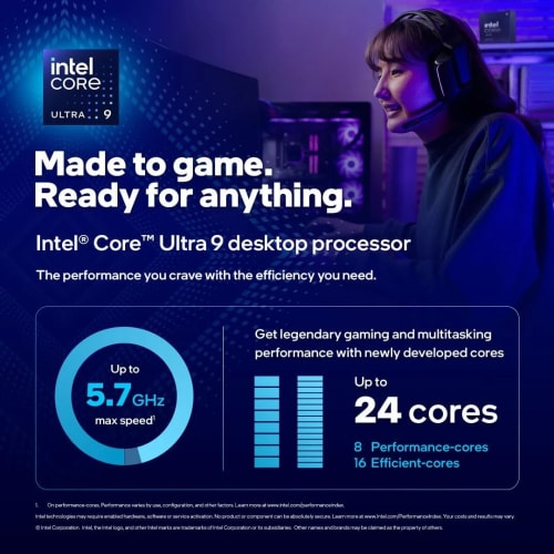 Intel Core Ultra 9 285K pour PC de Bureau 285, 24 cœurs (8 P-Cores + 16 E-Cores) jusqu'à 5.6 GHz