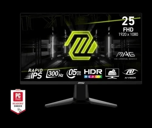 Un moniteur de jeu MSI MAG de 25 pouces FHD (1920x1080) avec dalle Rapid IPS, 300Hz, 0,5ms et HDR, récompensé par le prix PC Mag Readers' Choice 2024.