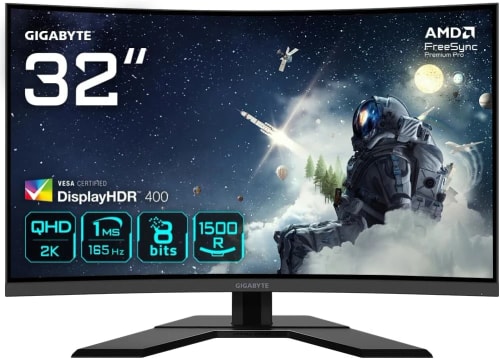 GIGABYTE G32QC A Moniteur de jeu incurvé 31,5" QHD - 2560 x 1440, 1500R, 165Hz, 1ms, 350 cd/m², FreeSync Premium Pro, Display HDR400, HDMI 2.0, DisplayPort 1.2