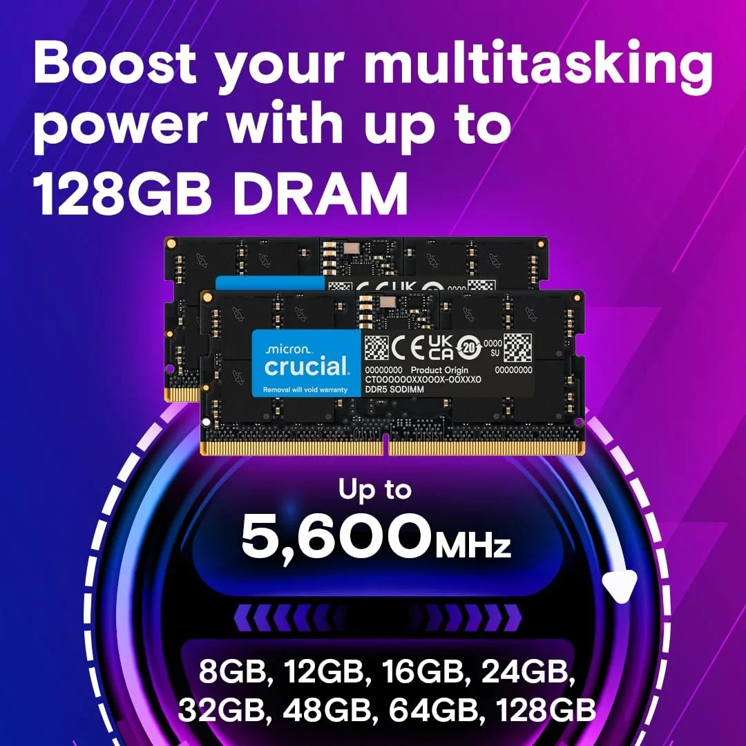 Crucial RAM 16Go DDR5 5600MHz (ou 5200MHz ou 4800MHz) Mémoire pour Ordinateur Portable CT16G56C46S5