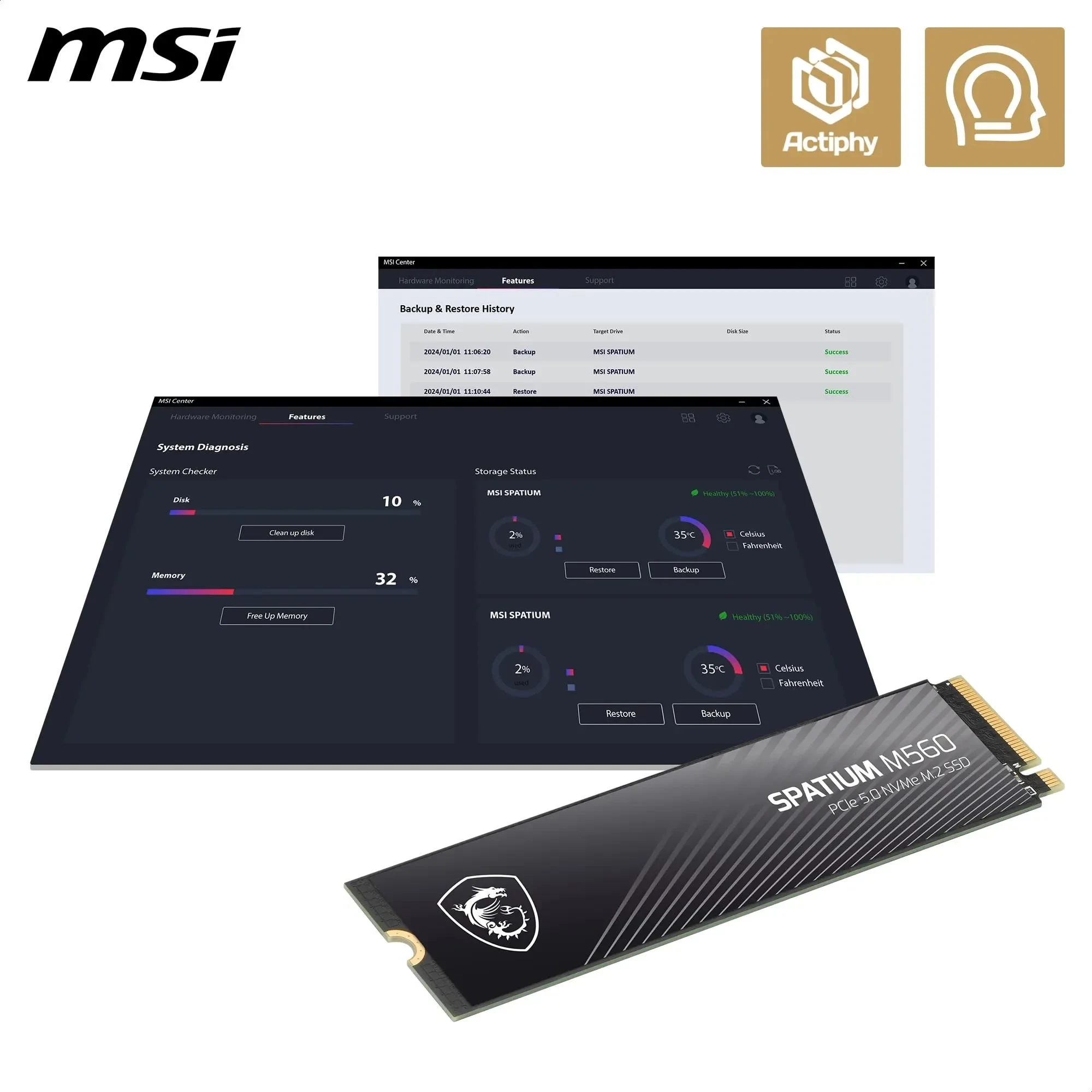 MSI SPATIUM M560 SSD 1TB - Disque SSD Interne 1 to PCIe 5.0 NVMe M.2, Lecture 10200 MB/s, Écriture 8400 MB/s, 3D NAND, Sécurité des Données Intégrée, Center - Garantie 5 Ans (600 TBW)