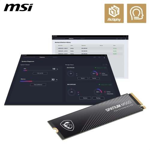 MSI SPATIUM M560 SSD 1TB - Disque SSD Interne 1 to PCIe 5.0 NVMe M.2, Lecture 10200 MB/s, Écriture 8400 MB/s, 3D NAND, Sécurité des Données Intégrée, Center - Garantie 5 Ans (600 TBW)