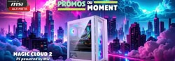 Boîtier PC blanc vitré avec éclairage RGB, affiché dans une ville futuriste néon, accompagné des mentions « Promos du moment » et « Magic Cloud 2 ».