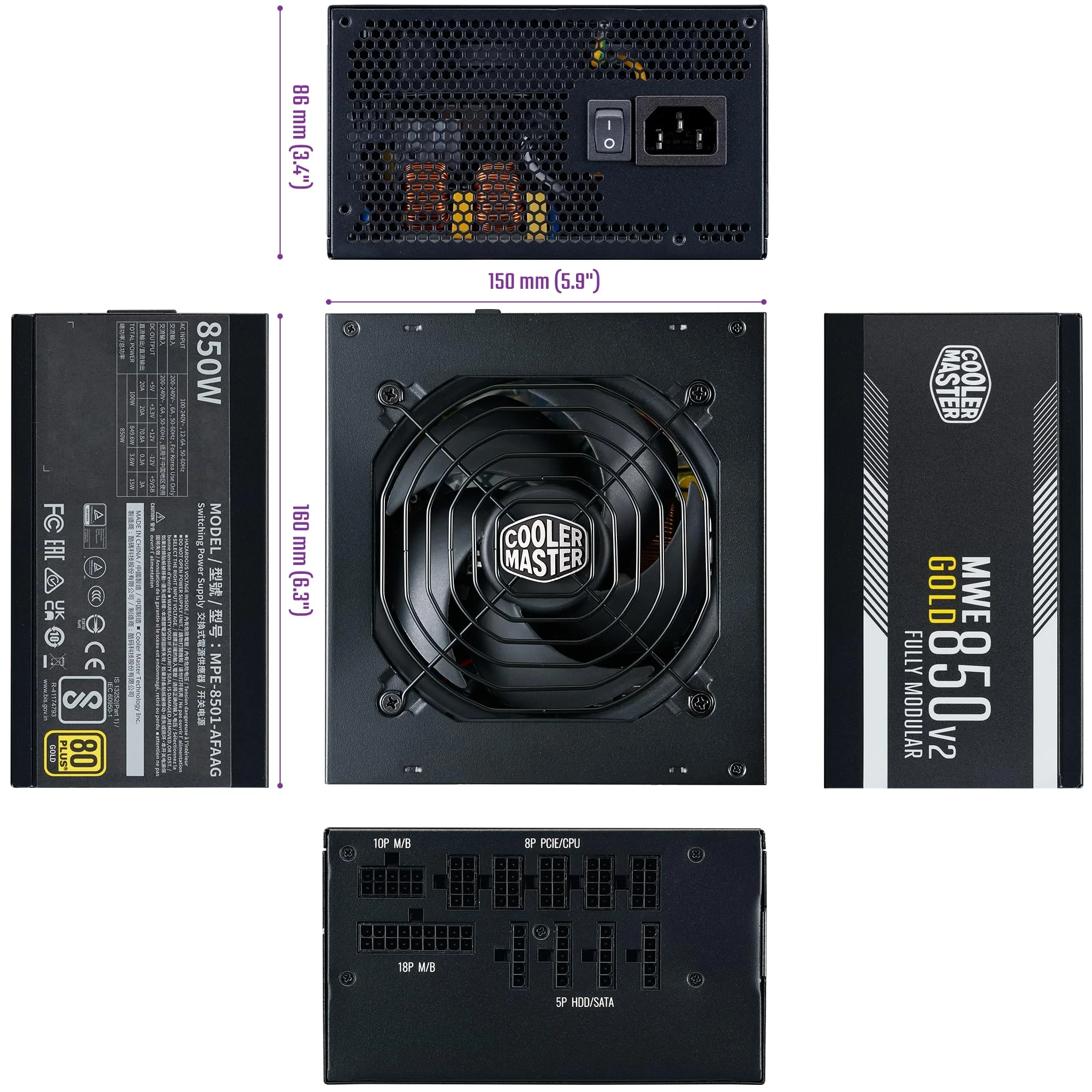 Cooler Master MWE Gold 850 V2 ATX 3.1 - 100% Modulaire - Prise EU - Support ATX 3.1, PSU 80 Plus Gold 850W, Garantie 5 Ans