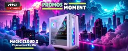 Boîtier PC blanc vitré avec éclairage RGB, affiché dans une ville futuriste néon, accompagné des mentions « Promos du moment » et « Magic Cloud 2 ».