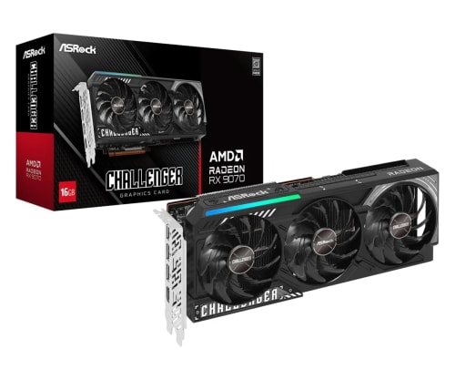 ASRock AMD Radeon RX 9070 Challenger 16 Go 2520 MHz 20 Gbps GDDR6 256 Bits GPU RT+AI Accelerators PCIe5.0 2 x 8 Broches Triple Ventilateur 700 W Carte Graphique 0DB Refroidissement Silencieux
