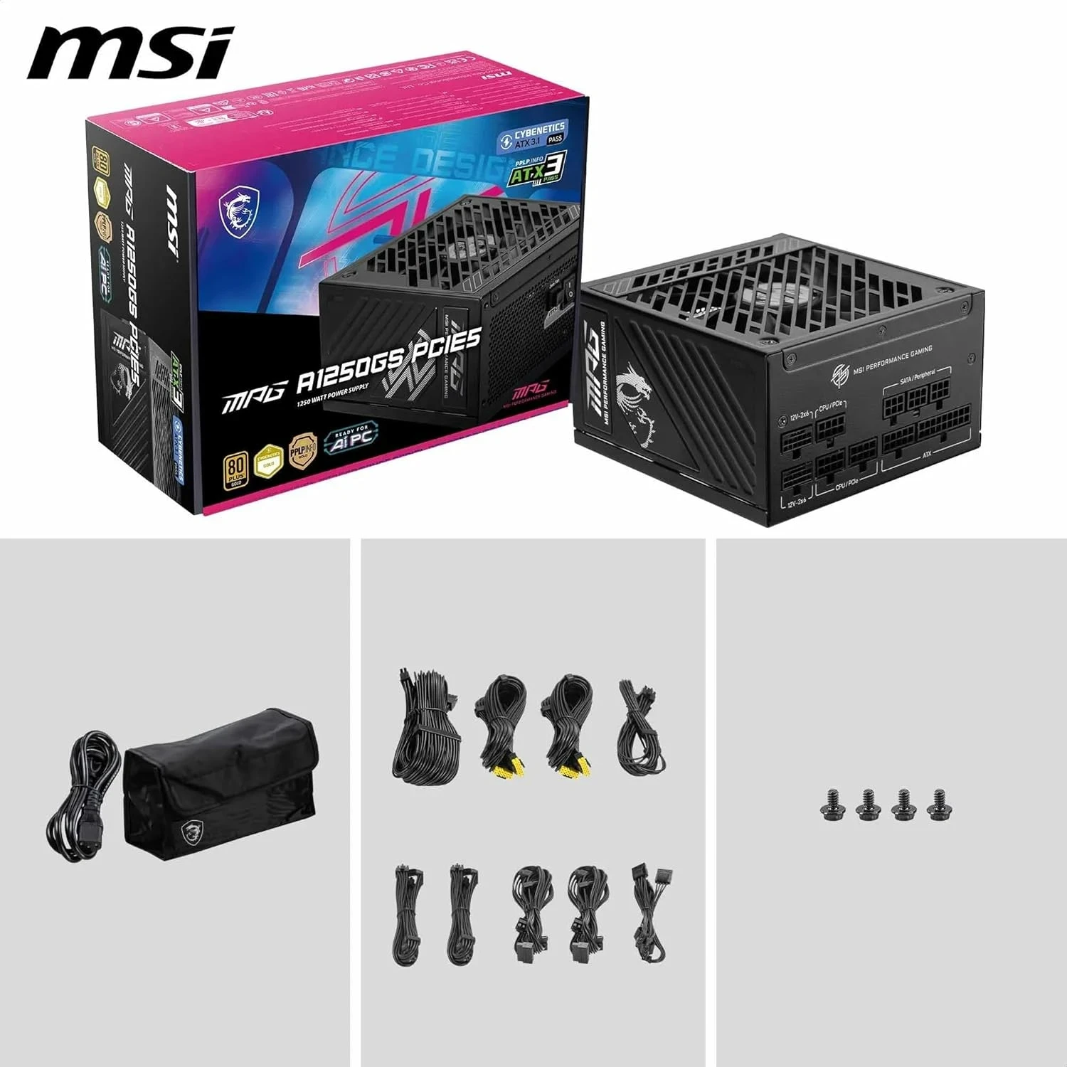Alimentation MSI 1250W MPG A1250GS Certifié 80 Plus Gold, ATX 3.1, (copie)