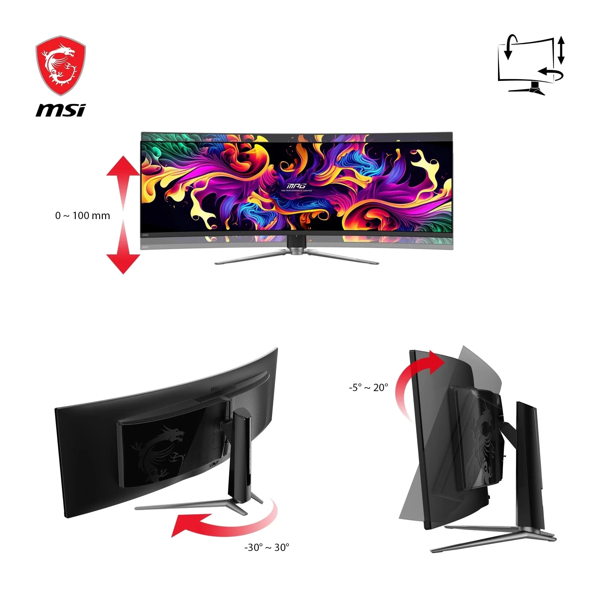 MSI MPG 491CQP QD-OLED Ecran Gaming incurvé 49'' DQHD - 1800R, Dalle Quantum Dot OLED 5120 x 1440, 144 Hz / 0.03 ms, 99% DCI-P3, ΔE≤2, DisplayHDR True Black 400, KVM - DP 1.4a, HDMI 2.1, USB Type-C