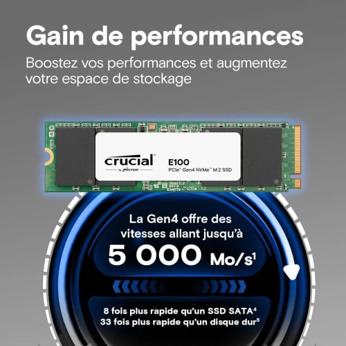 Crucial E100 2To PCIe Gen4 NVMe M.2 SSD Interne, Jusqu’à 5000 Mo/s, Compatible avec Ordinateur Portable et de Bureau - CT2000E100SSD8