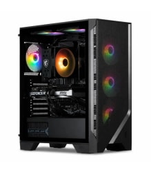 Tour PC noire à panneaux vitrés, révélant des composants et plusieurs ventilateurs lumineux à LED RGB. Le boîtier porte les logos GeForce RTX et MSI.
