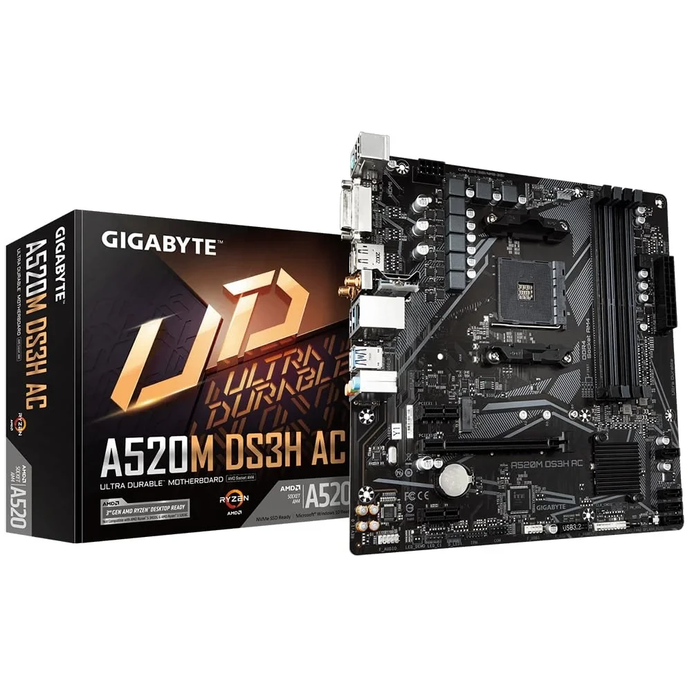 GIGABYTE A520M DS3H AC Carte Mère - Processeurs AMD Ryzen 5000 Series, VRM 5+3 Phases, jusqu'à 4733 MHz DDR5 (OC), 1xPCIe 3.0 M.2, LAN GbE, WiFi 5, USB 3.2 Gen 1