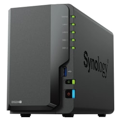 Boîtier NAS Synology DS224+ noir avec voyants lumineux verts et bleus sur le côté, port USB visible