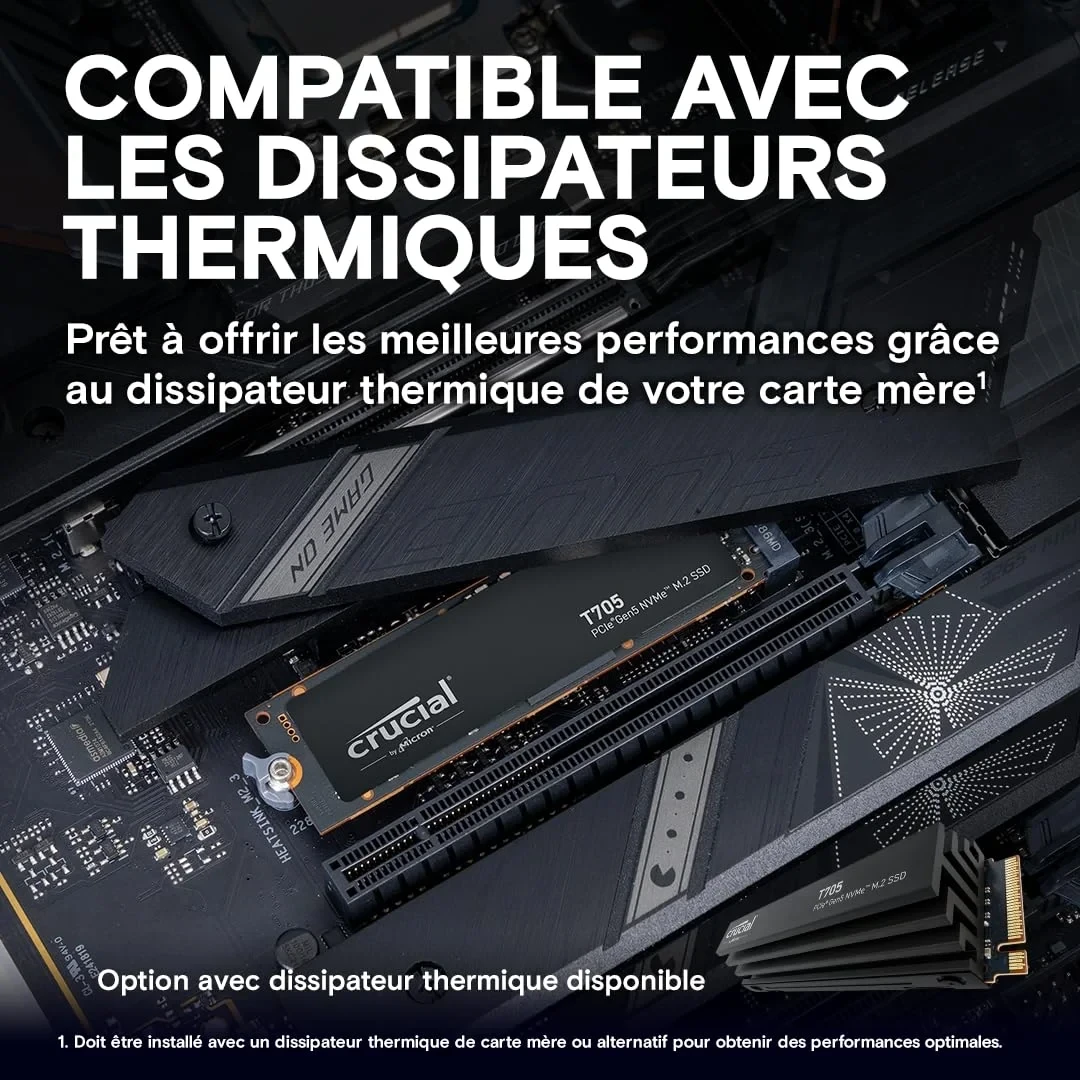 Crucial T705 SSD 1To PCIe Gen5 NVMe M.2 SSD Interne Gaming (Nouveau 2024), Jusqu’à 13.600Mo/s, Microsoft DirectStorage, Rétrocompatibilité PCIe 3.0 et 4.0, Disque Dur SSD - CT1000T705SSD3