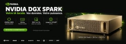 Publicité pour l’ordinateur NVIDIA DGX Spark, avec l’appareil affiché à droite et des caractéristiques techniques en bas à gauche.