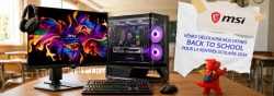 Ordinateur de bureau MSI avec écran affichant un dragon coloré, boîtier vitré éclairé en violet, clavier et souris, accompagné d’une figurine rouge et d’une affiche promotionnelle.