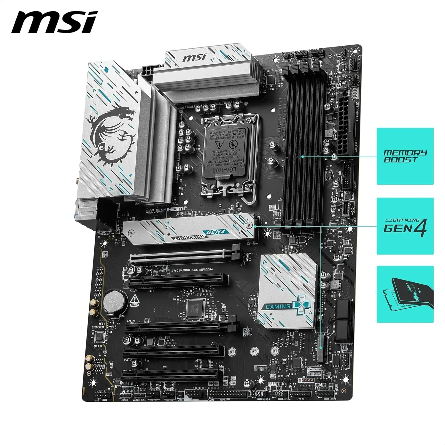 MSI B760 Gaming Plus WiFi DDR4 Carte mère, ATX - pour processeurs Intel 14e, 13e & 12e gén, LGA 1700 