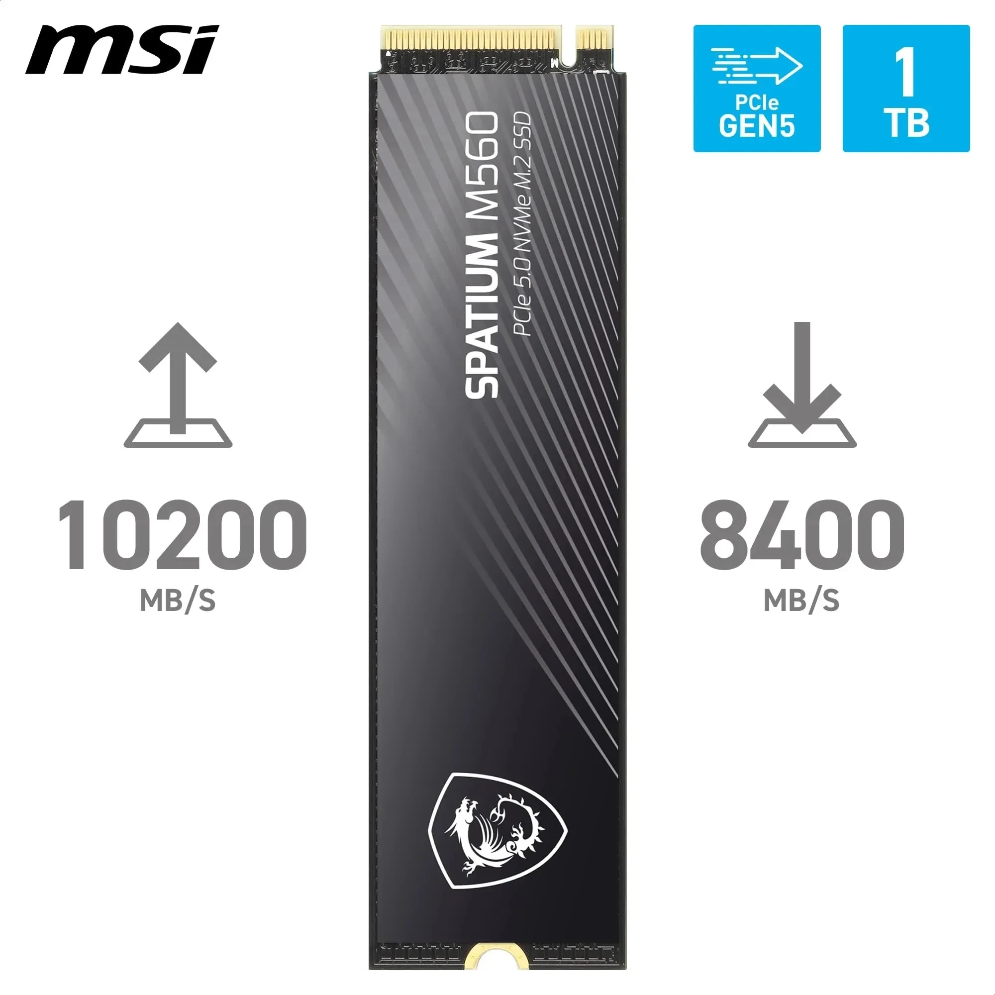 MSI SPATIUM M560 SSD 1TB - Disque SSD Interne 1 to PCIe 5.0 NVMe M.2, Lecture 10200 MB/s, Écriture 8400 MB/s, 3D NAND, Sécurité des Données Intégrée, Center - Garantie 5 Ans (600 TBW)