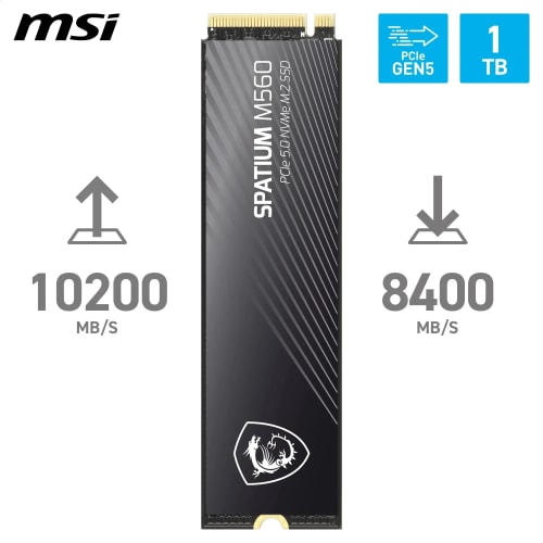 MSI SPATIUM M560 SSD 1TB - Disque SSD Interne 1 to PCIe 5.0 NVMe M.2, Lecture 10200 MB/s, Écriture 8400 MB/s, 3D NAND, Sécurité des Données Intégrée, Center - Garantie 5 Ans (600 TBW)