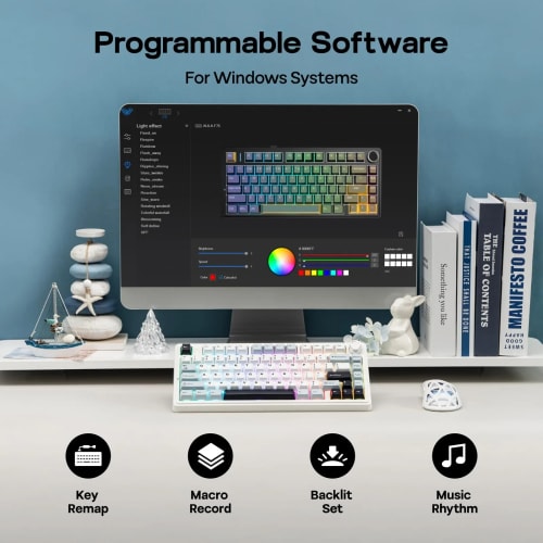 Aula F75 Clavier Mécanique Gasket à 75%, sans Fil/BT/USB-C, avec Cinq Couches de Coussinets, Bouton, RVB, Batterie, NKRO,QWERTY (Light Blue, LEOBOG Reaper Switch)