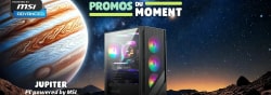 Publicité pour un PC gaming MSI avec éclairage RGB, placée devant une image de Jupiter et un paysage désertique nocturne. Texte : « Promos du moment » et « Jupiter ».