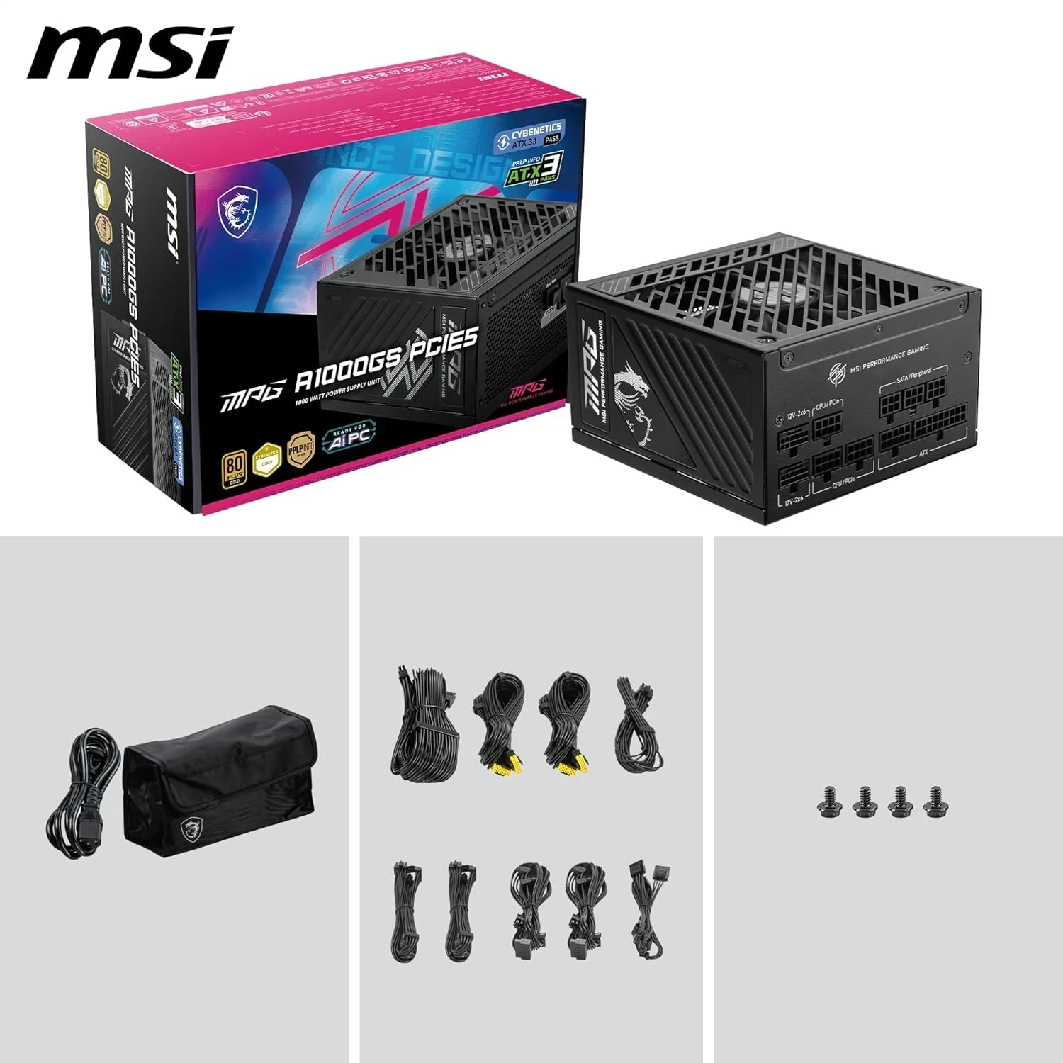 Alimentation MSI 1000W MPG A1000GS Certifié 80 Plus Gold, ATX 3.1,