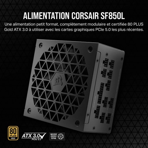 Corsair SF850L Alimentation SFX Modulaire et Silencieuse - ATX 3.1 et PCIe 5.1 - 80 PLUS Gold - Mode Zéro RPM - Noir