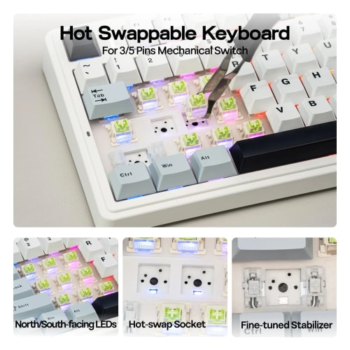 Aula F75 Clavier Mécanique Gasket à 75%, sans Fil/BT/USB-C, avec Cinq Couches de Coussinets, Bouton, RVB, Batterie, NKRO,QWERTY (Light Blue, LEOBOG Reaper Switch)