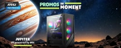 Publicité pour un PC gaming MSI avec éclairage RGB, placée devant une image de Jupiter et un paysage désertique nocturne. Texte : « Promos du moment » et « Jupiter ».