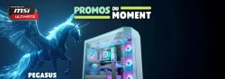 Publicité MSI « Promos du moment » : un cheval ailé lumineux nommé Pegasus accompagne un PC gaming RGB, avec la mention « Ultime ».