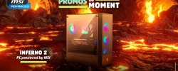 Boîtier d’ordinateur MSI lumineux au centre d’un paysage volcanique en fusion, avec texte promotionnel et indication « Inferno 2 ».