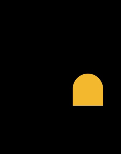 Une forme jaune arrondie sur le dessus et rectangulaire sur les côtés, posée sur un fond noir avec une ombre portée grise sur le côté droit.
