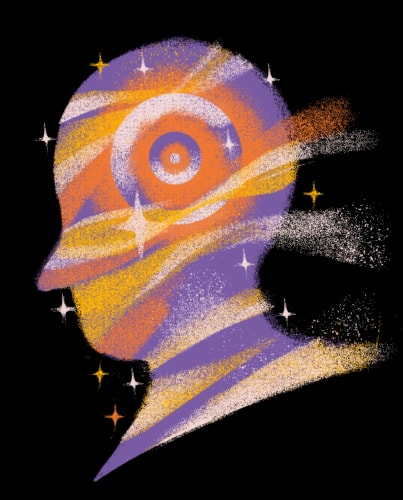 Profil de tête humaine stylisé aux teintes violettes et orange, rempli de motifs cosmiques, de spirales et d'étoiles scintillantes sur un fond sombre.