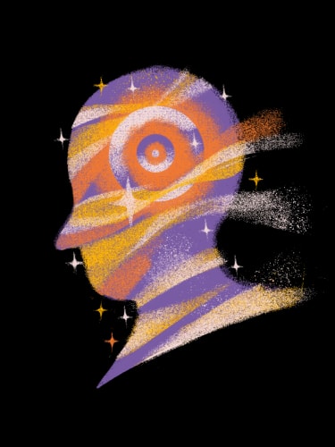 Silhouette de profil d'une tête humaine remplie de motifs cosmiques, spirales orange et violettes, et d'étoiles scintillantes sur fond noir, style artistique texturé.