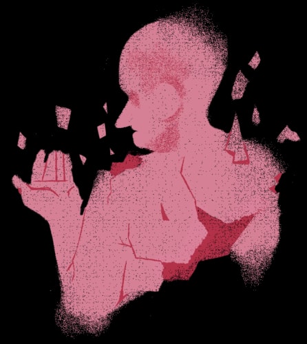 Silhouette rose d'un personnage de profil regardant sa main ouverte, avec des fragments flottant autour de son corps sur un fond noir.