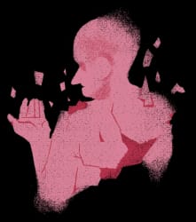 Silhouette rose d'un personnage de profil, semblant se désagréger en petits fragments flottants tout en tendant la main vers l'avant sur un fond noir.