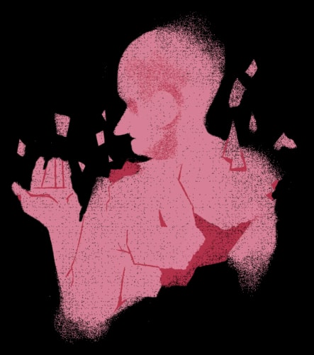 Silhouette rose d'un personnage de profil, semblant se désagréger en petits fragments flottants tout en tendant la main vers l'avant sur un fond noir.