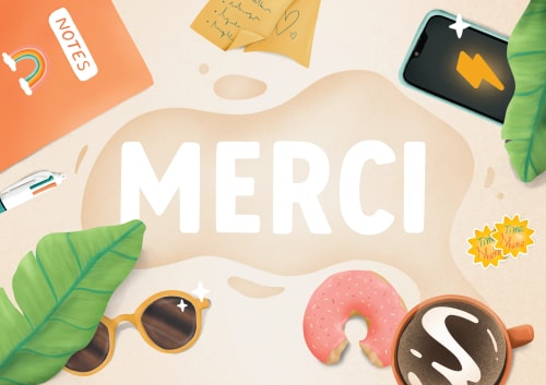 Image colorée avec le mot 'MERCI' au centre, entouré d'objets comme un carnet de notes, des feuilles, une tasse de café, des lunettes de soleil, un téléphone et des décorations en forme de donut et de feuilles.