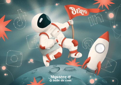 Un astronaute tenant un drapeau "Bravo" et posant sur la lune, avec une fusée à côté et des étoiles environnantes sur un fond bleu.