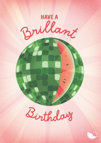 Une illustration d'une pastèque stylisée en forme de boule disco, avec le texte 'Joyeux Anniversaire' en haut et en bas, sur un fond rose rayonnant.