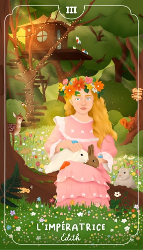 Une illustration colorée d'une jeune fille aux cheveux blonds portant une robe rose, tenant des lapins dans ses bras, entourée de fleurs et d'animaux dans une forêt magique. En arrière-plan, une cabane dans les arbres.